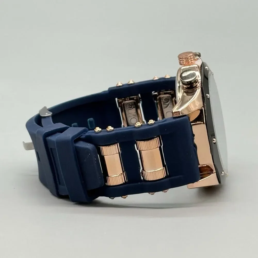 Mens Navy Blue Rose Gold Watch Silicone Strap Industrial Bolled Bezel Sport New